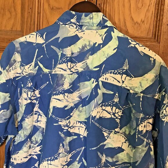 Rum Reggae Hawaiian Shirt Men L Blue Batik Swordfish All Over Print SS Button Up - Picture 7 of 9